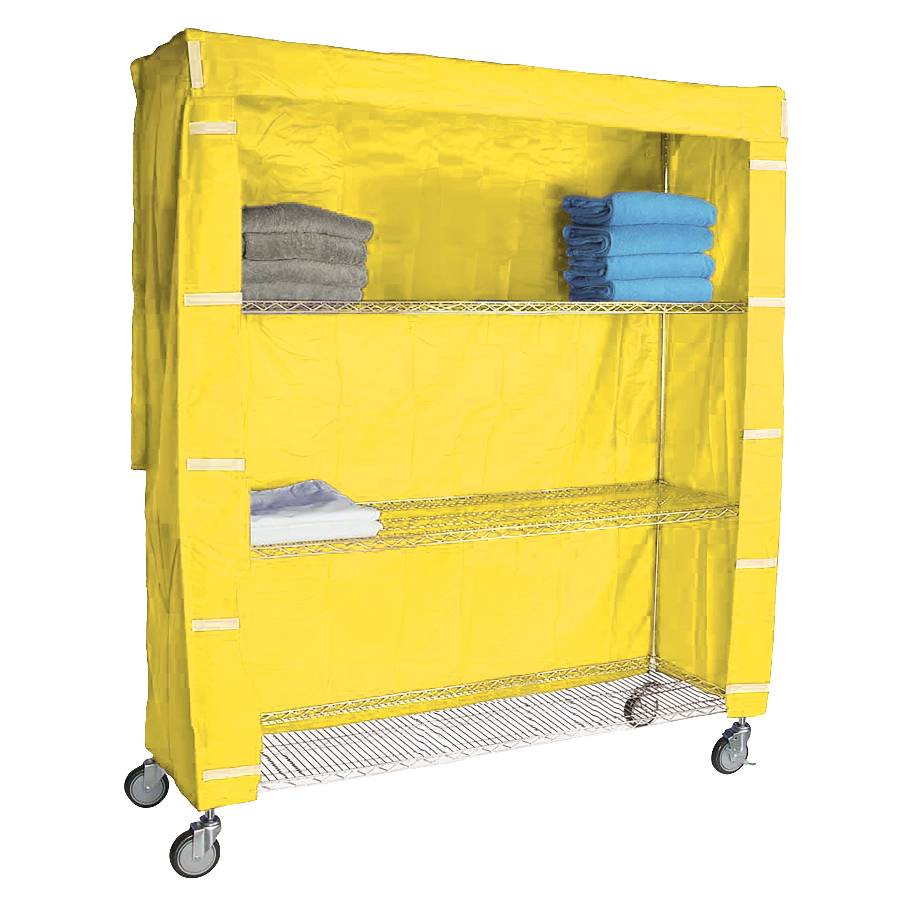 Yellow cart cover fits the AliMed 4-Shelf Chrome Wire Linen Cart. It features shelves with folded towels and casters for mobility.