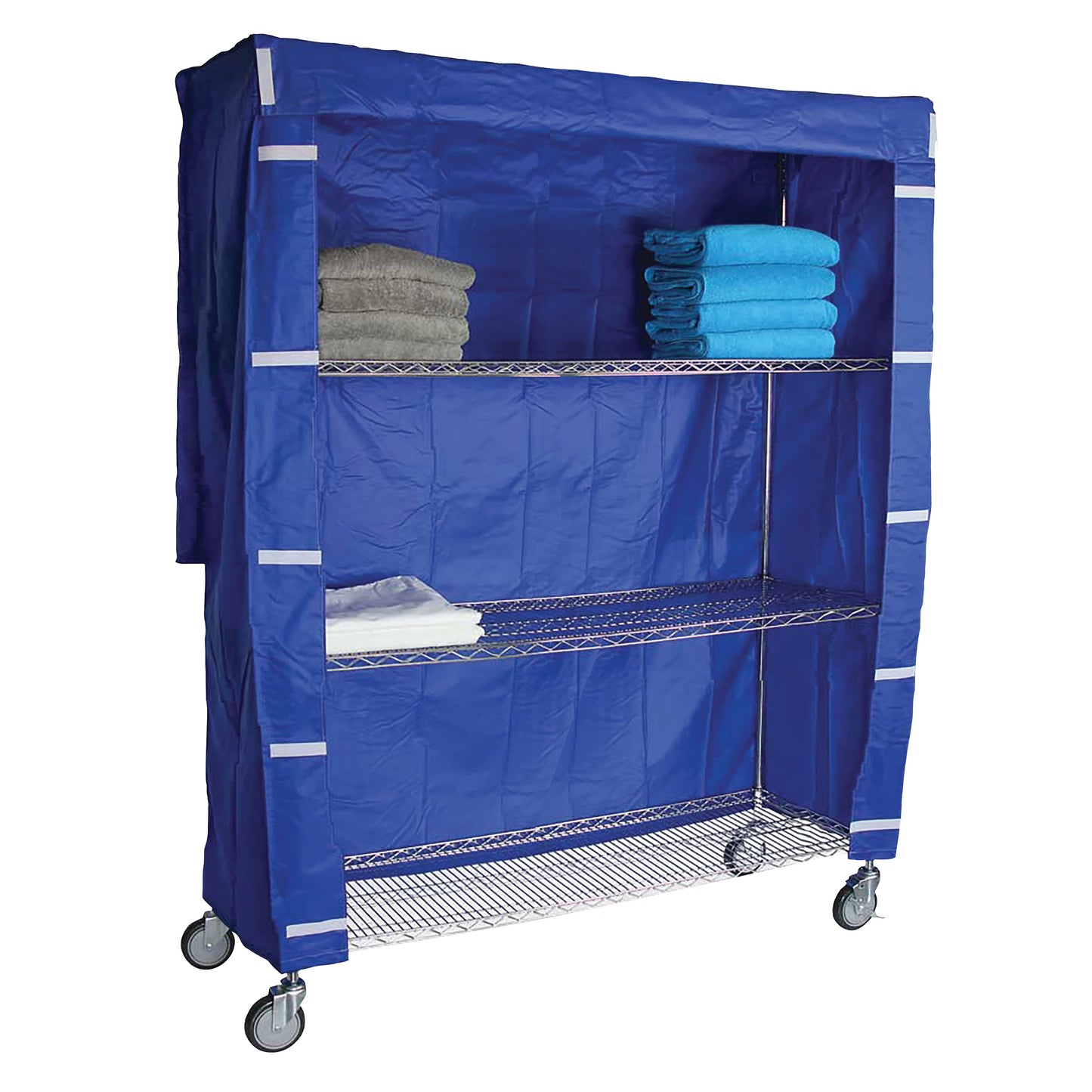 A blue Cart Cover for AliMed 4-Shelf Chrome Wire Linen Cart on wheels, partially open, with folded towels on the shelves.