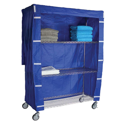 Blue Cart Cover for AliMed 4-Shelf Chrome Wire Linen Cart, showing folded towels on middle shelves and a cover partially open.