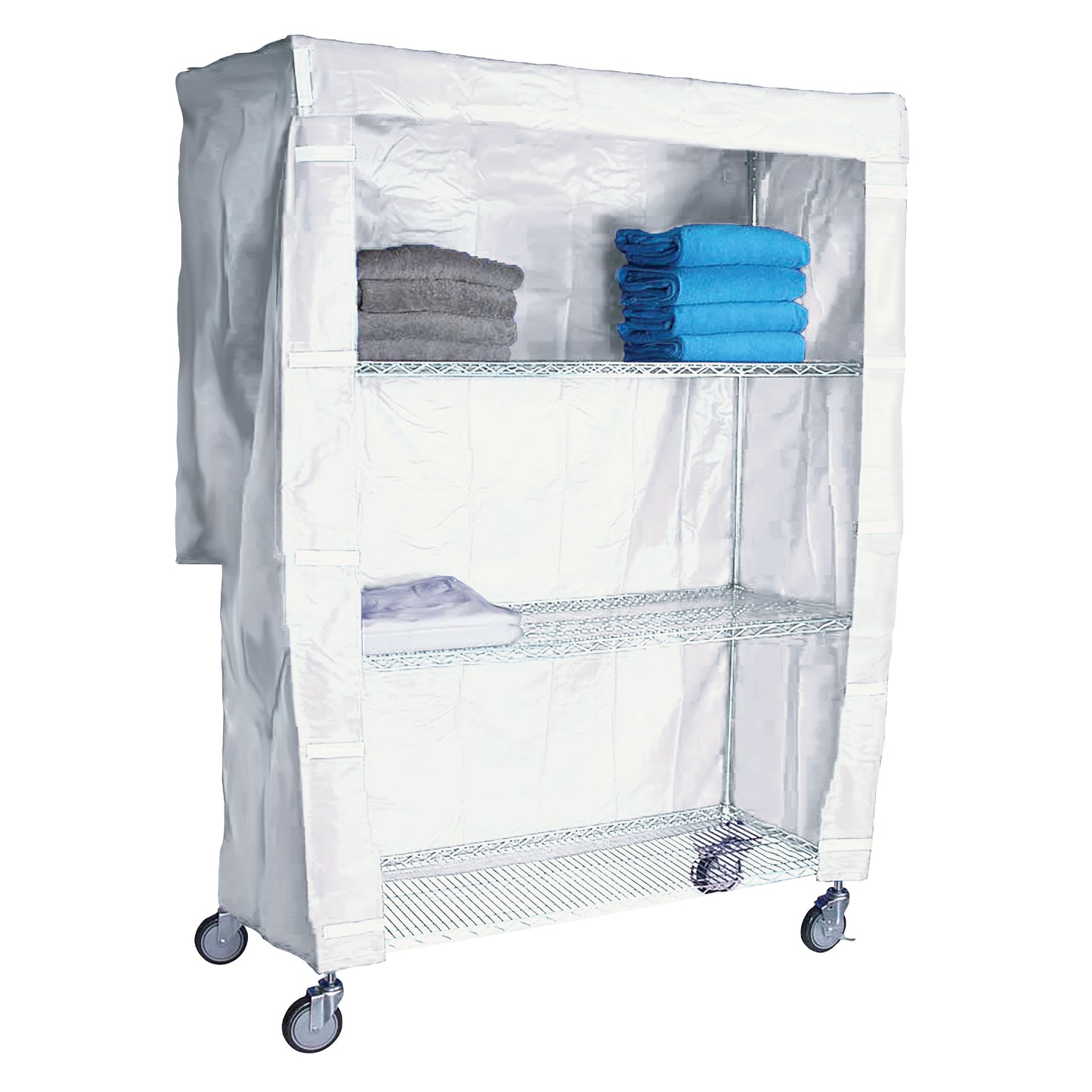 Cart Cover for AliMed 4-Shelf Chrome Wire Linen Cart, shown on a metal cart with wheels, holding folded towels on its shelves.
