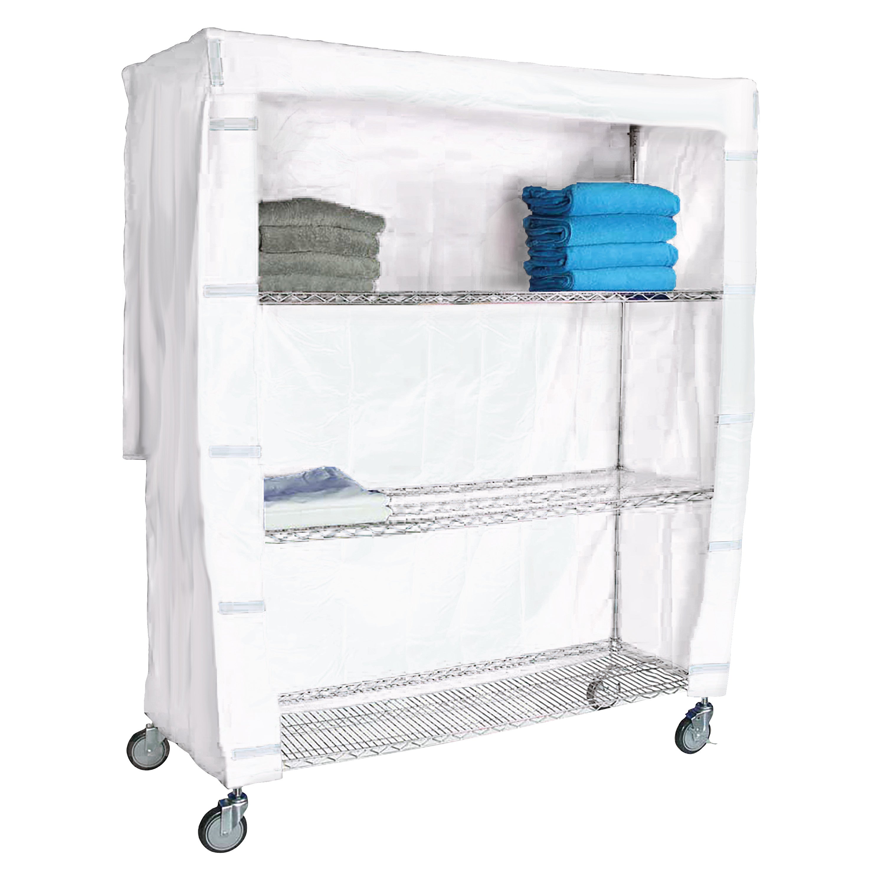 A Cart Cover for AliMed 4-Shelf Chrome Wire Linen Cart, featuring a white cover on a wire cart with folded towels on shelves.