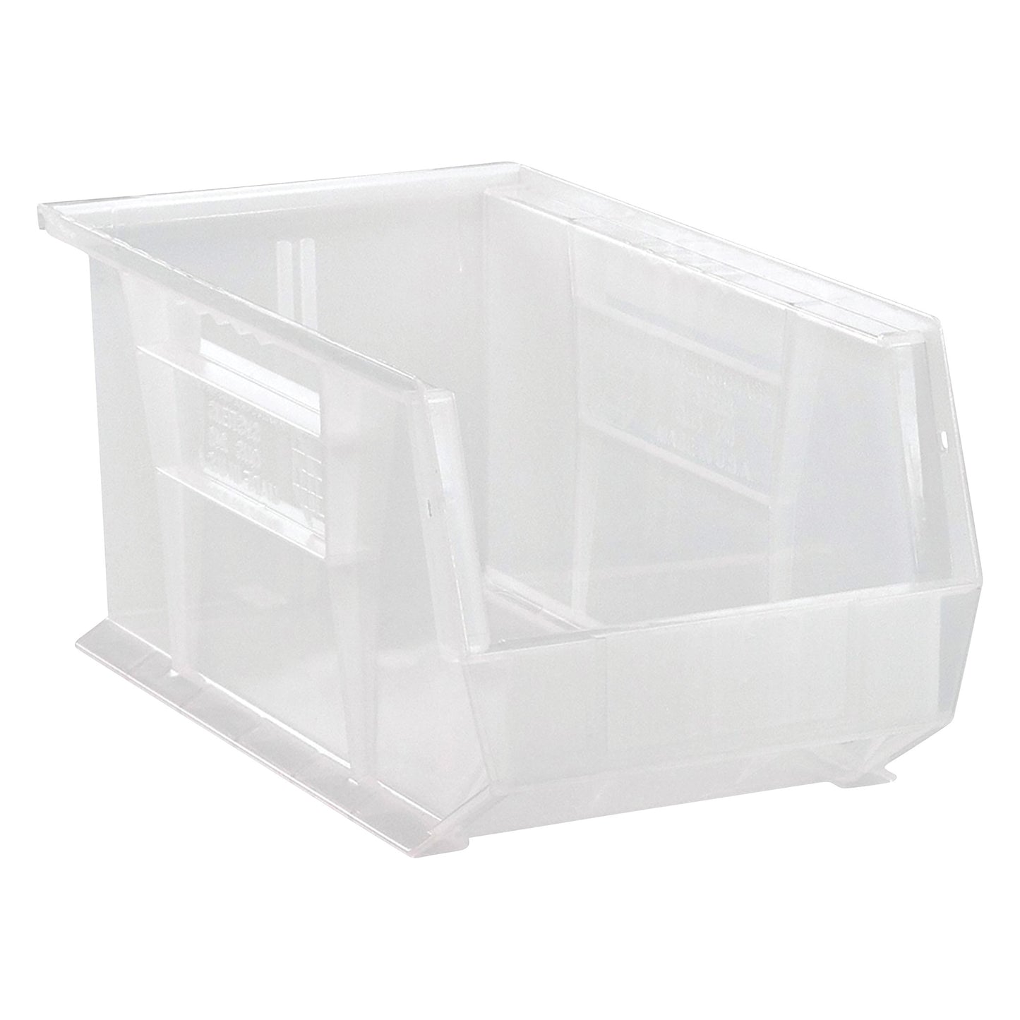 A translucent Quantum Ultra Stack and Hang Bin with an open front, suitable for organizing and storing various items.