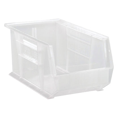 A translucent Quantum Ultra Stack and Hang Bin with an open front, suitable for organizing and storing various items.