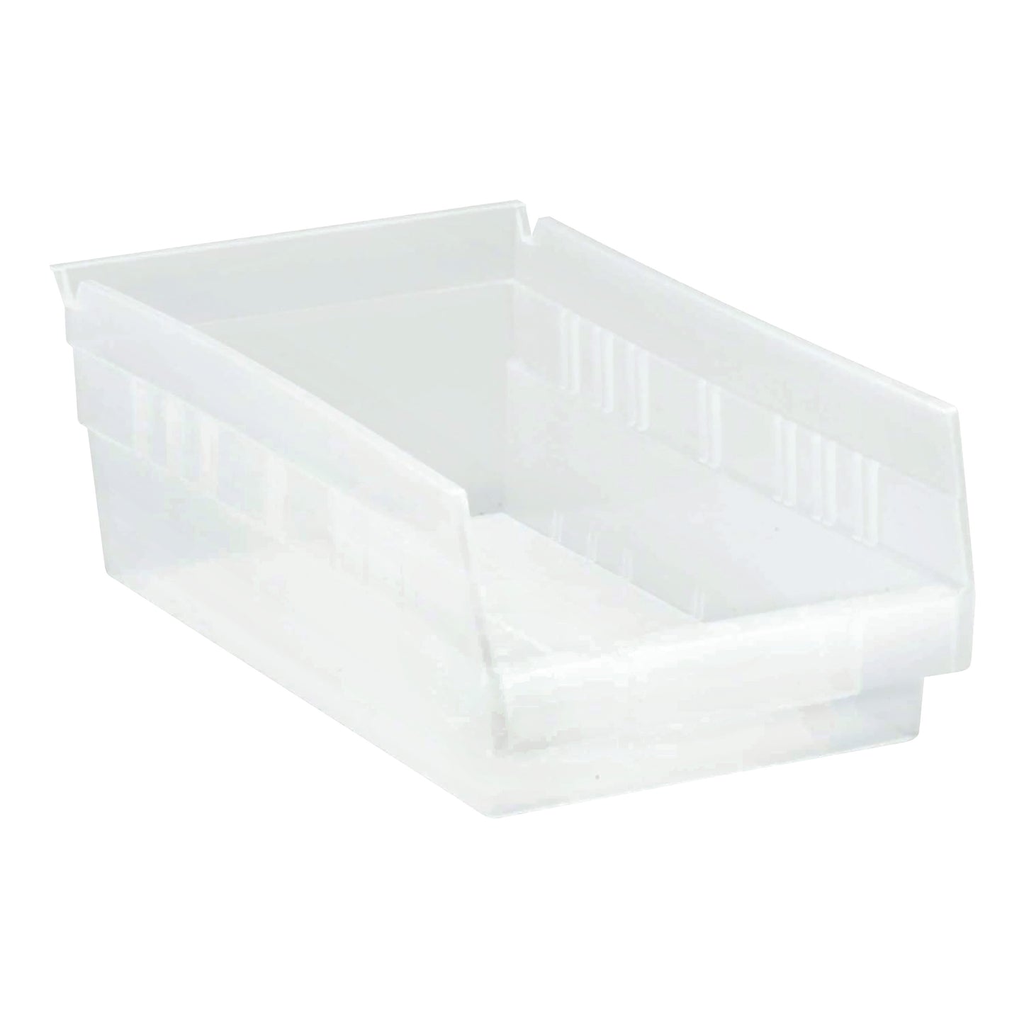 A clear Quantum Economy Shelf Bin with a slanted open front, designed for storage and organization.