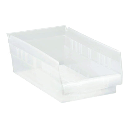 A clear Quantum Economy Shelf Bin with a slanted open front, designed for storage and organization.