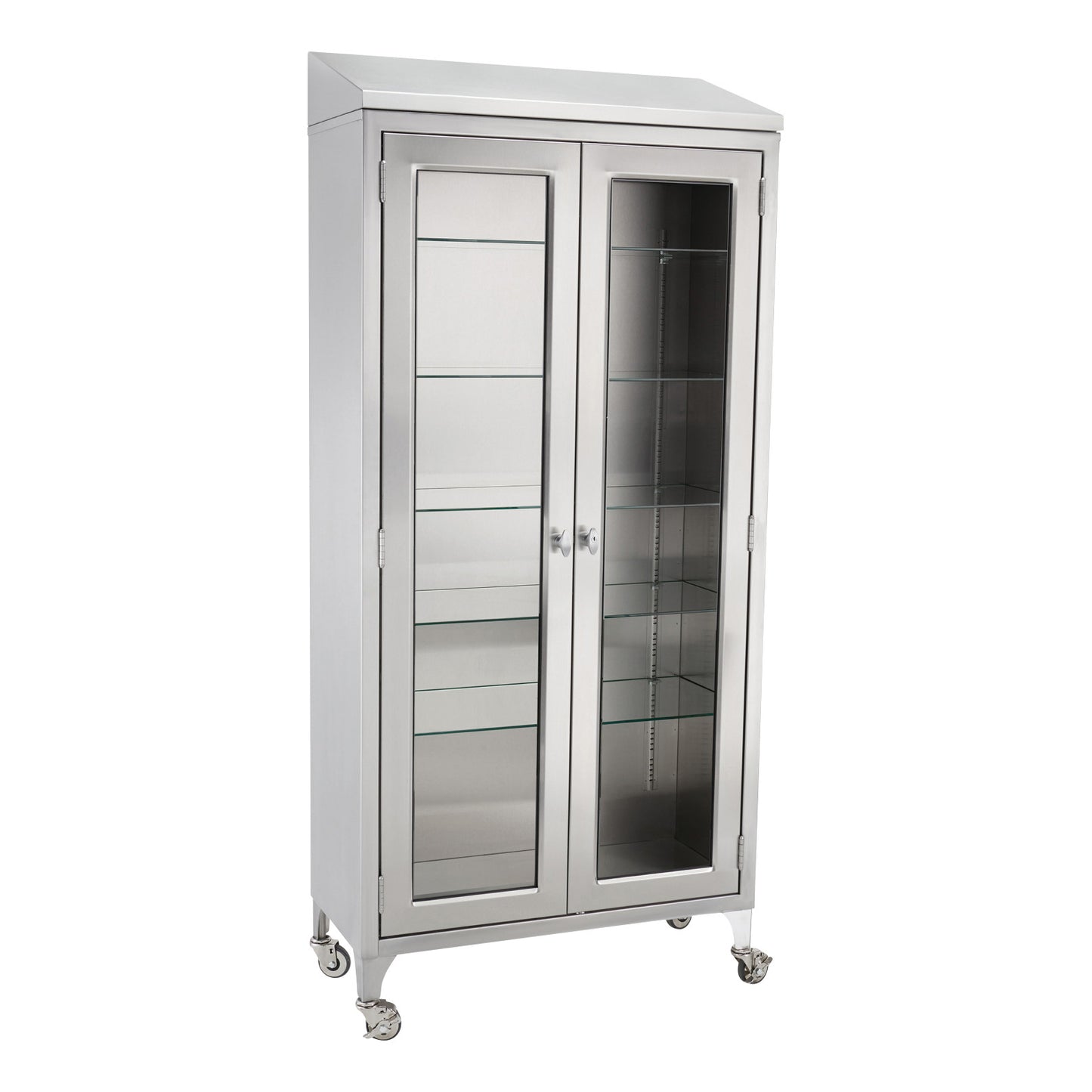 A stainless steel Blickman Paul Instrument Cabinet with glass doors, interior shelves, and caster wheels on the bottom.
