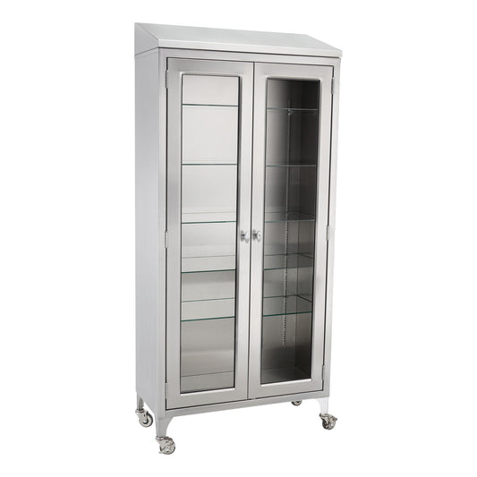 A stainless steel Blickman Paul Instrument Cabinet with glass doors, interior shelves, and caster wheels on the bottom.
