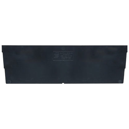 Black Divider for Quantum Economy Shelf Bin, rectangular with embossed text in the center. Designed to organize storage bins.