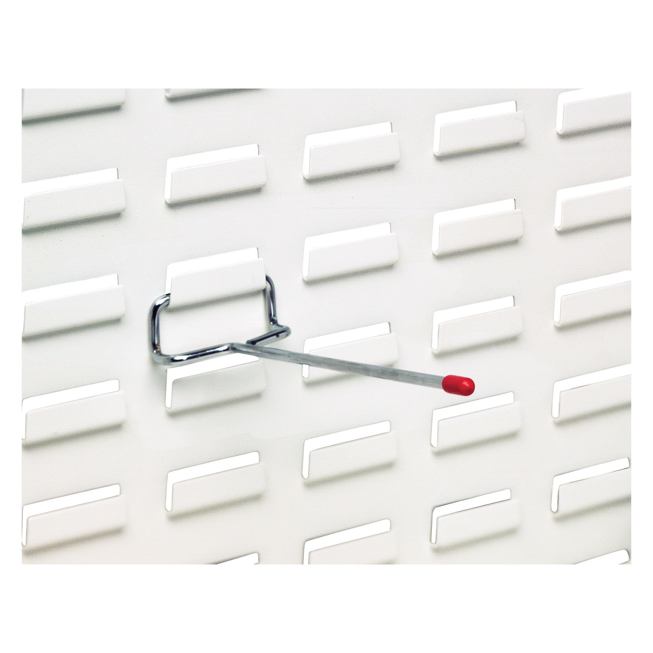 Metal rod with a red tip attached to a white louvered panel. Text: "Rod for Quantum Solid Louvered Panel."