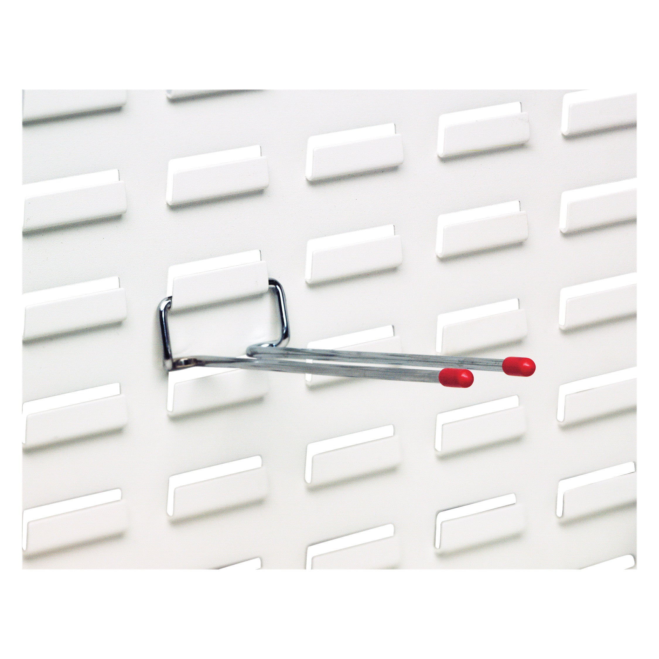 Metal rod with red tips attached to a white louvered panel. Product: Rod for Quantum Solid Louvered Panel.
