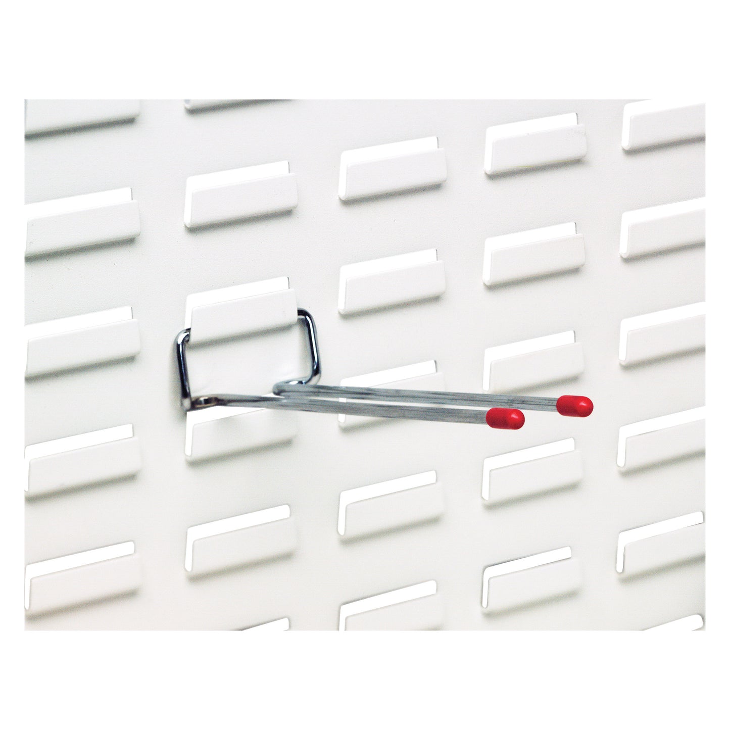Metal rod with red tips attached to a white louvered panel. Product: Rod for Quantum Solid Louvered Panel.