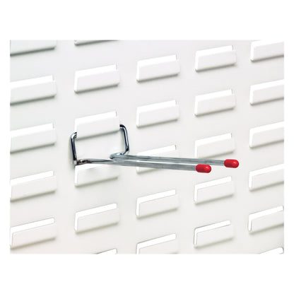 Metal rod with red tips attached to a white louvered panel. Product: Rod for Quantum Solid Louvered Panel.