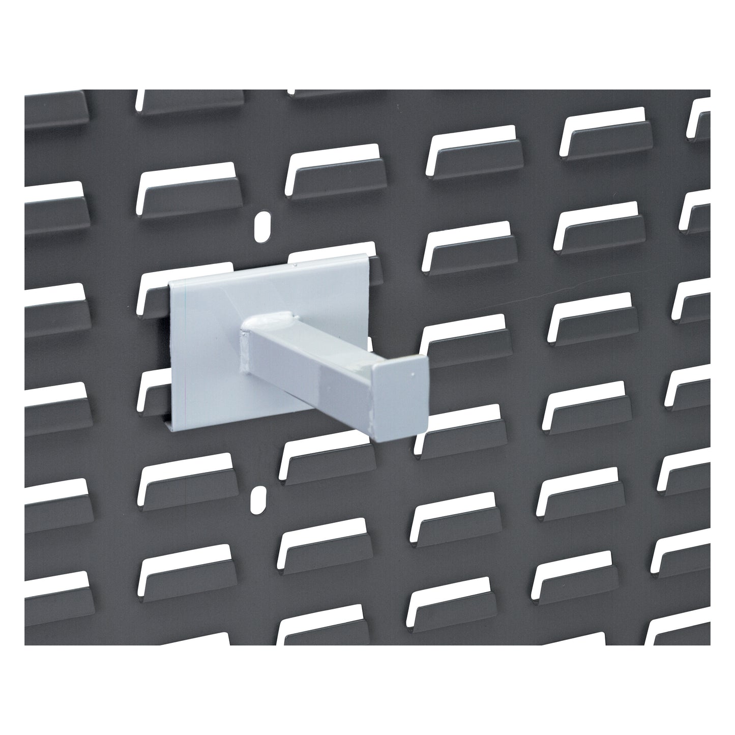 A Heavy-Duty Spike for Quantum Solid Louvered Panel is mounted on a black panel with horizontal slotted openings.