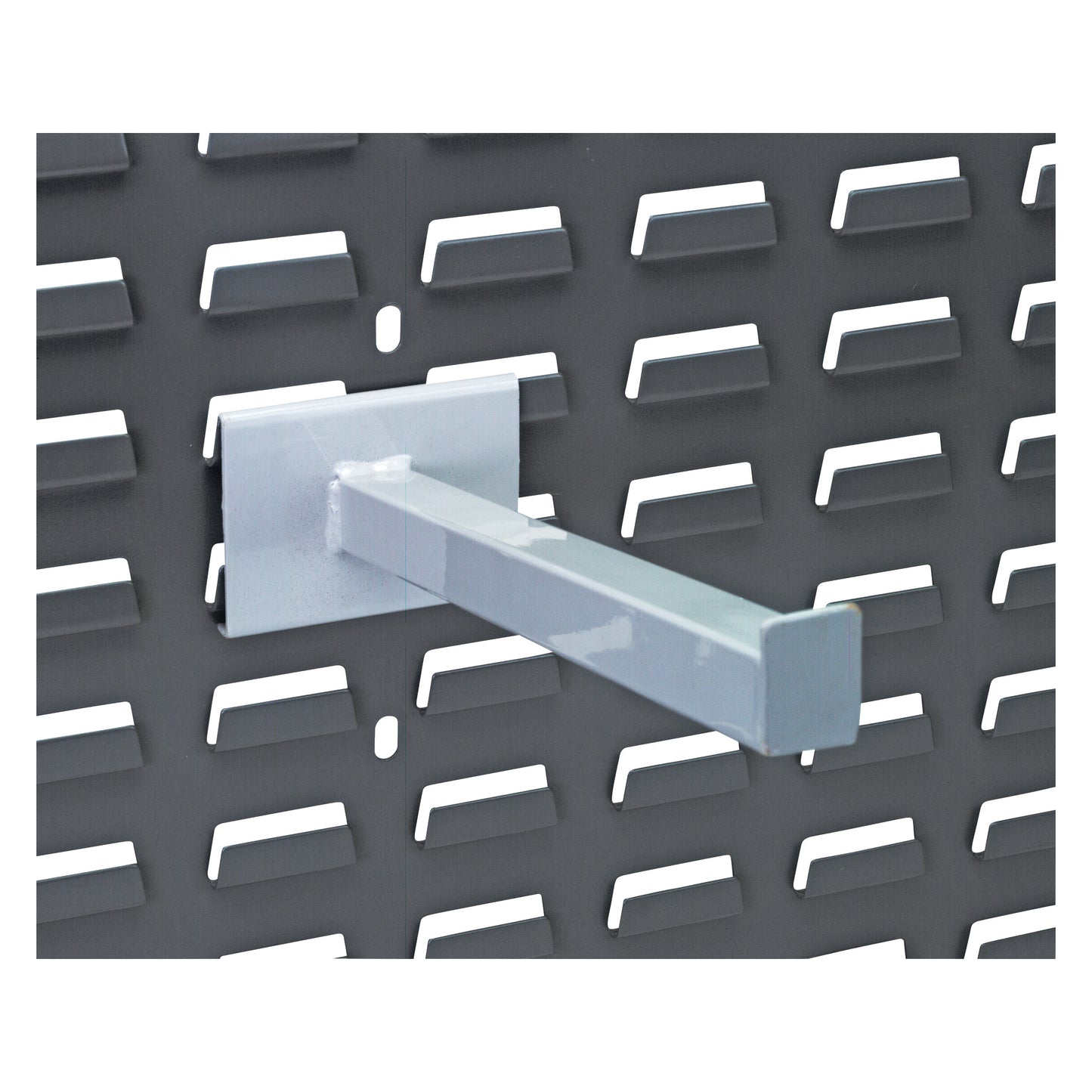 Heavy-Duty Spike for Quantum Solid Louvered Panel, shown attached to a panel with rectangular slots, extending outward.