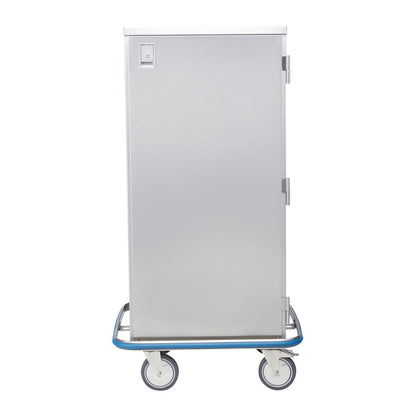 Blickman Space Saver Case Cart in stainless steel with a sturdy frame, large casters, and a secure front door, suitable for medical use.