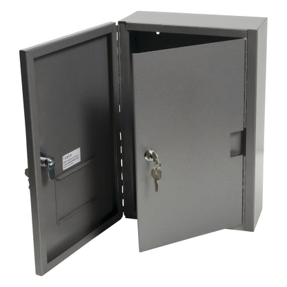 The Graham-Field Narcotics Safe is shown open, revealing its interior, with both doors slightly ajar and keys in the lock.