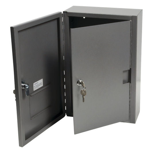 The Graham-Field Narcotics Safe is shown open, revealing its interior, with both doors slightly ajar and keys in the lock.