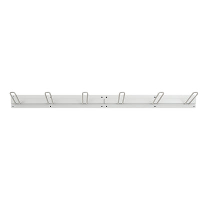 A long, metal  wall-mounted storage  rack with five evenly spaced metal hooks for hanging items.