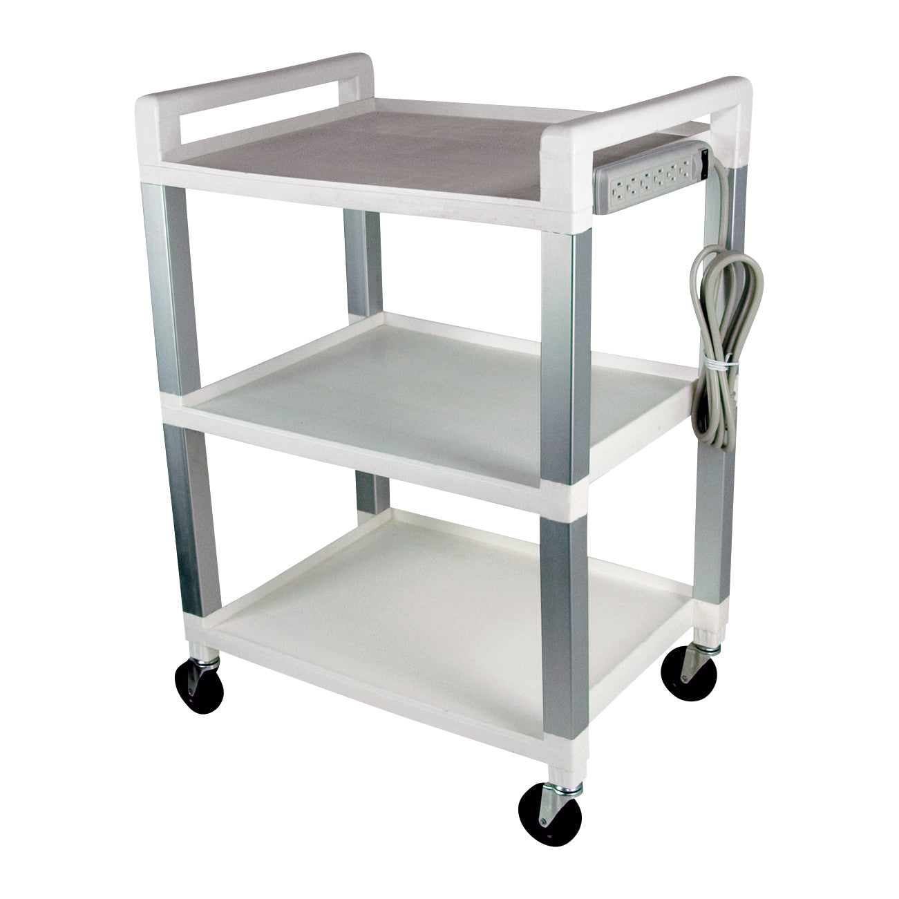 Three-tier "Electrotherapy Cart with Power," featuring handles, a power strip, and a coiled cord. It has four wheels for mobility.
