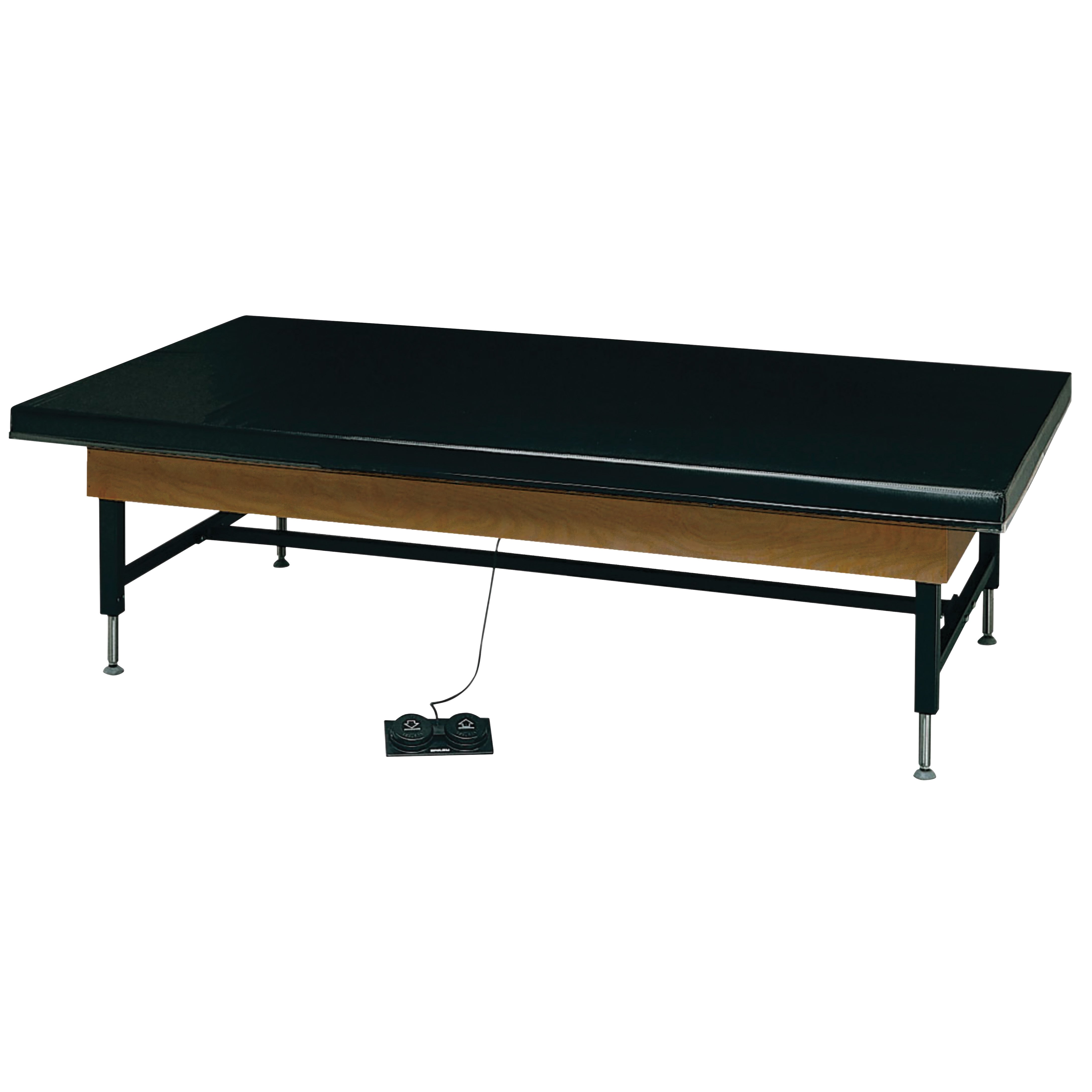 Bailey Economy Hi-Low Electric Mat Table with a black cushioned top, adjustable height legs, and foot pedal control.