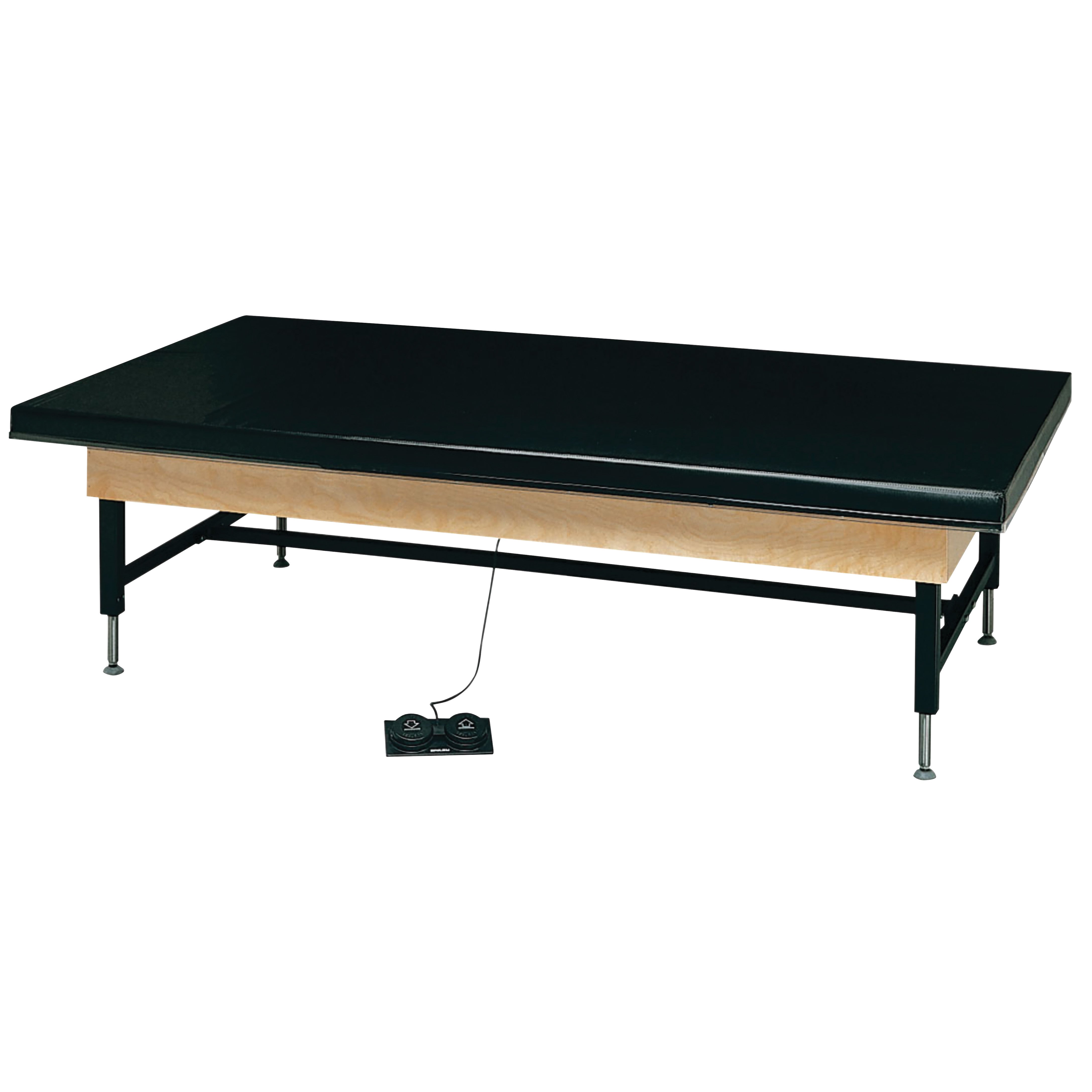 Bailey Economy Hi-Low Electric Mat Table with a black cushioned surface and a foot pedal for height adjustment sits on metal legs.