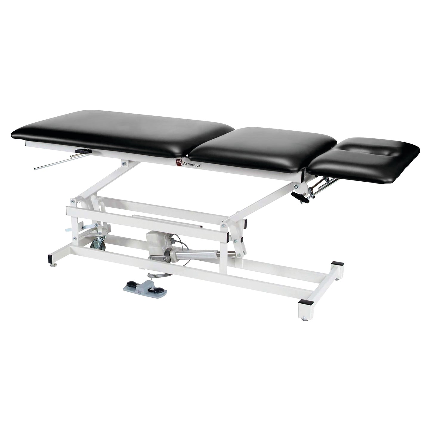 A black Armedica AM-350 Treatment Table with an adjustable design and a white metal frame, featuring a three-section top.