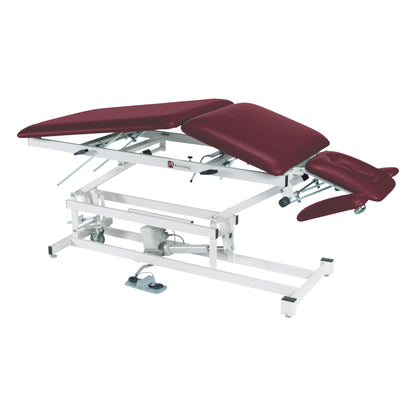 The Armedica AM-500 Treatment Table is an adjustable therapy table with burgundy cushions on a white metal frame.