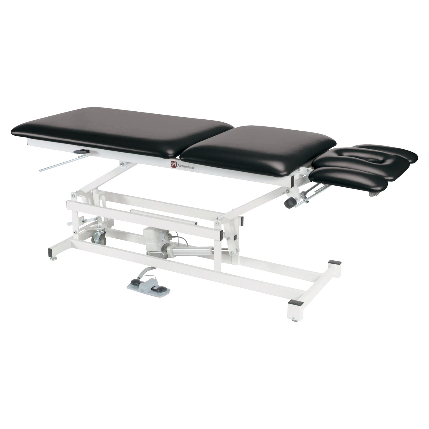 The Armedica AM-550 Treatment Table is an adjustable, black-cushioned medical table with a white metal frame and foot pedal control.