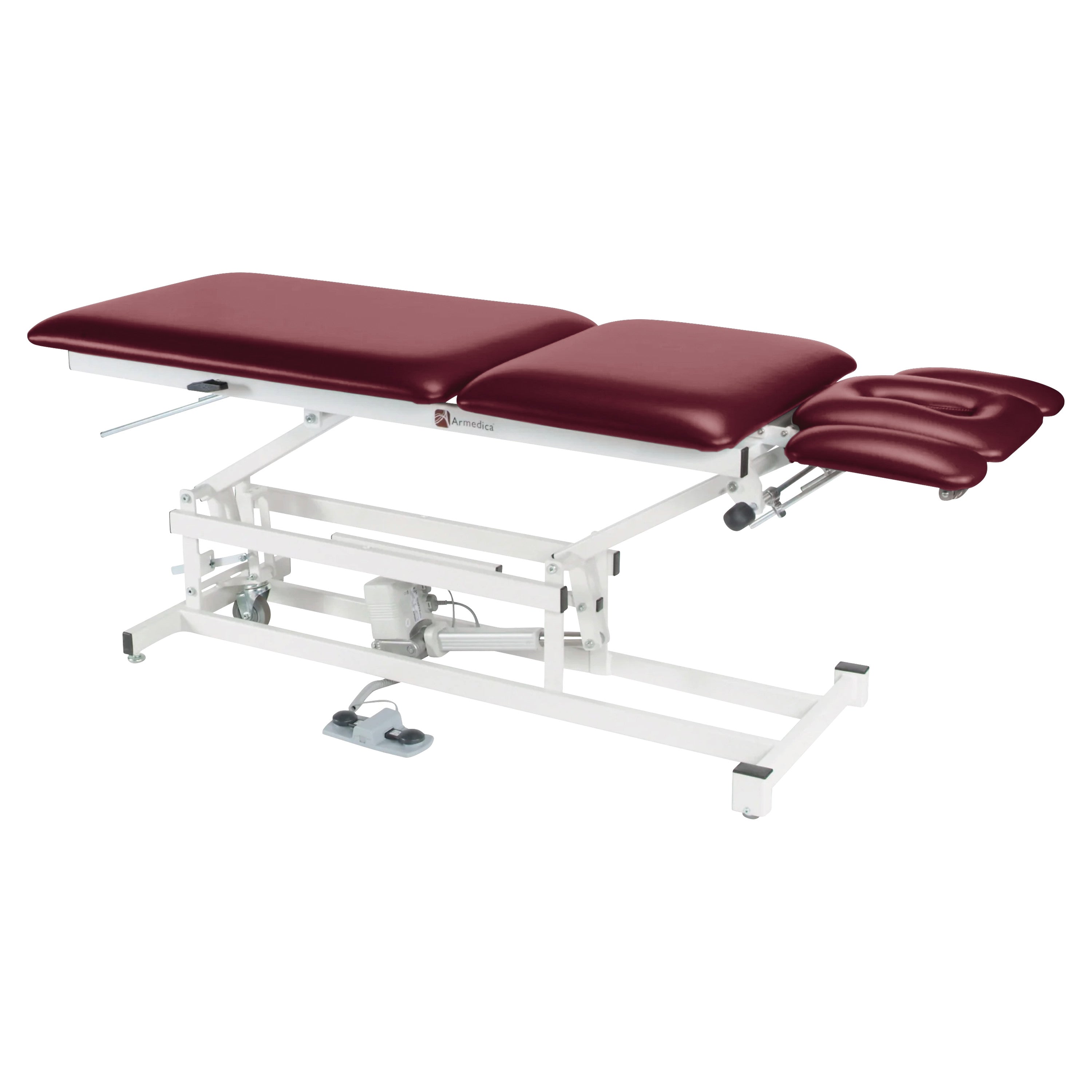 The Armedica AM-550 Treatment Table features a maroon cushioned surface with adjustable sections and a white metal base.