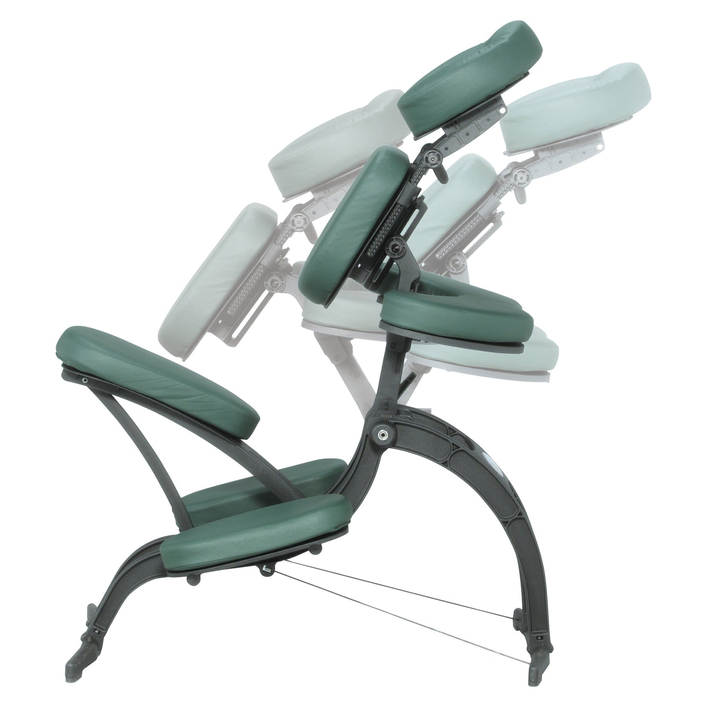 EarthLite Avila II Portable Massage Chair in green, showing adjustable positions for comfort and functionality.