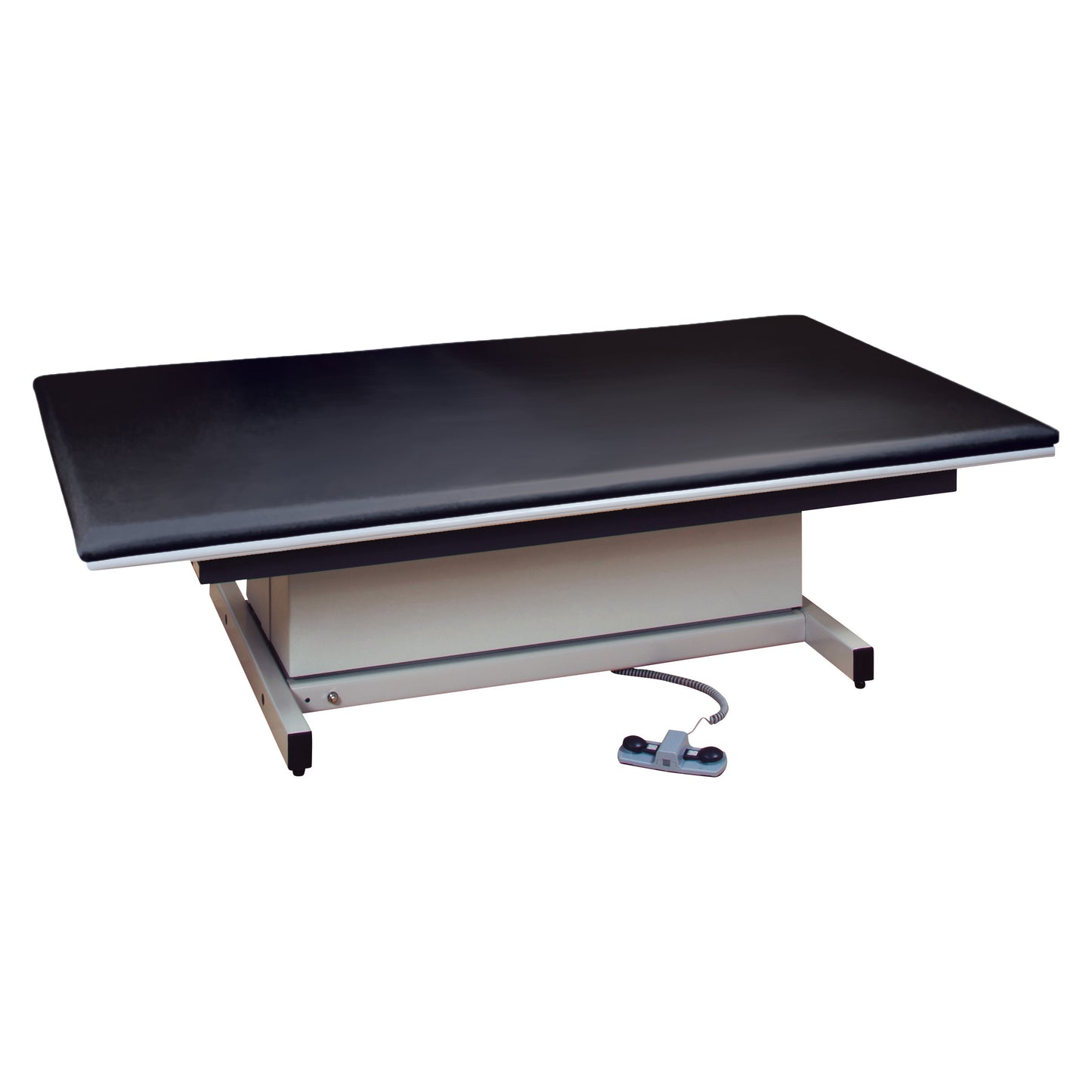 Clinton Hi-Lo Upholstered Mat Platform with black padding and adjustable height, featuring a foot pedal for easy control.