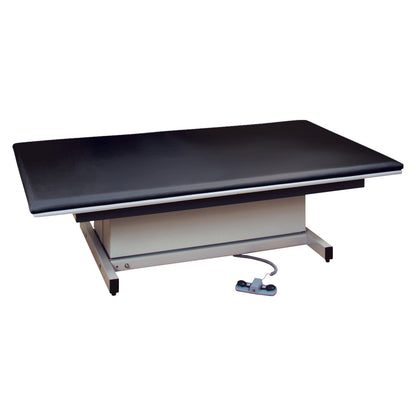 Clinton Hi-Lo Upholstered Mat Platform with black padding and adjustable height, featuring a foot pedal for easy control.