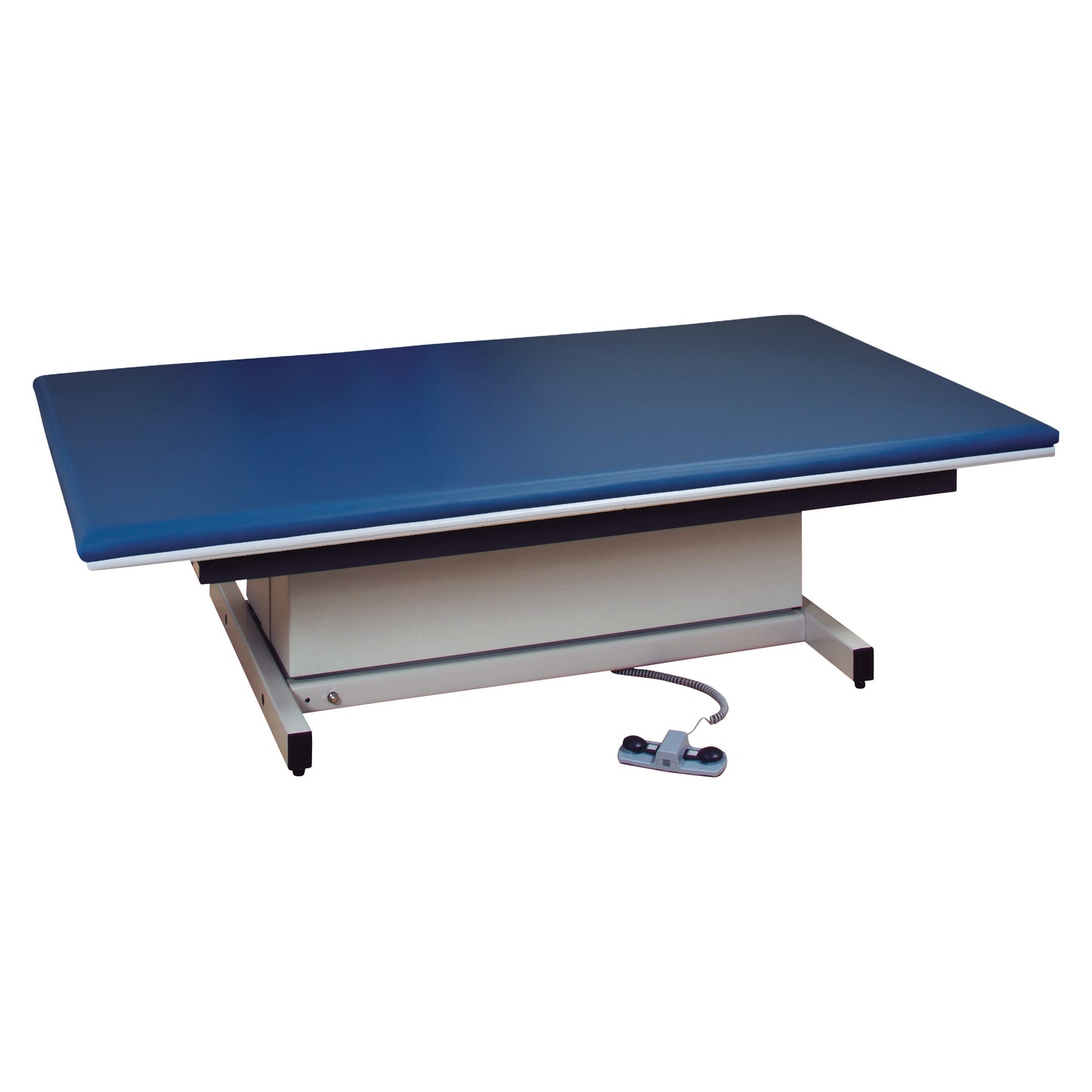 Clinton Hi-Lo Upholstered Mat Platform with a blue cushioned top and adjustable base, including a foot pedal for height adjustment.