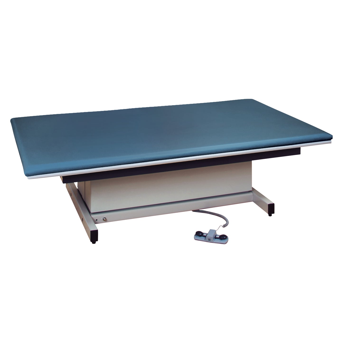 A Clinton Hi-Lo Upholstered Mat Platform with a blue padded surface and adjustable height, featuring a foot pedal for control.
