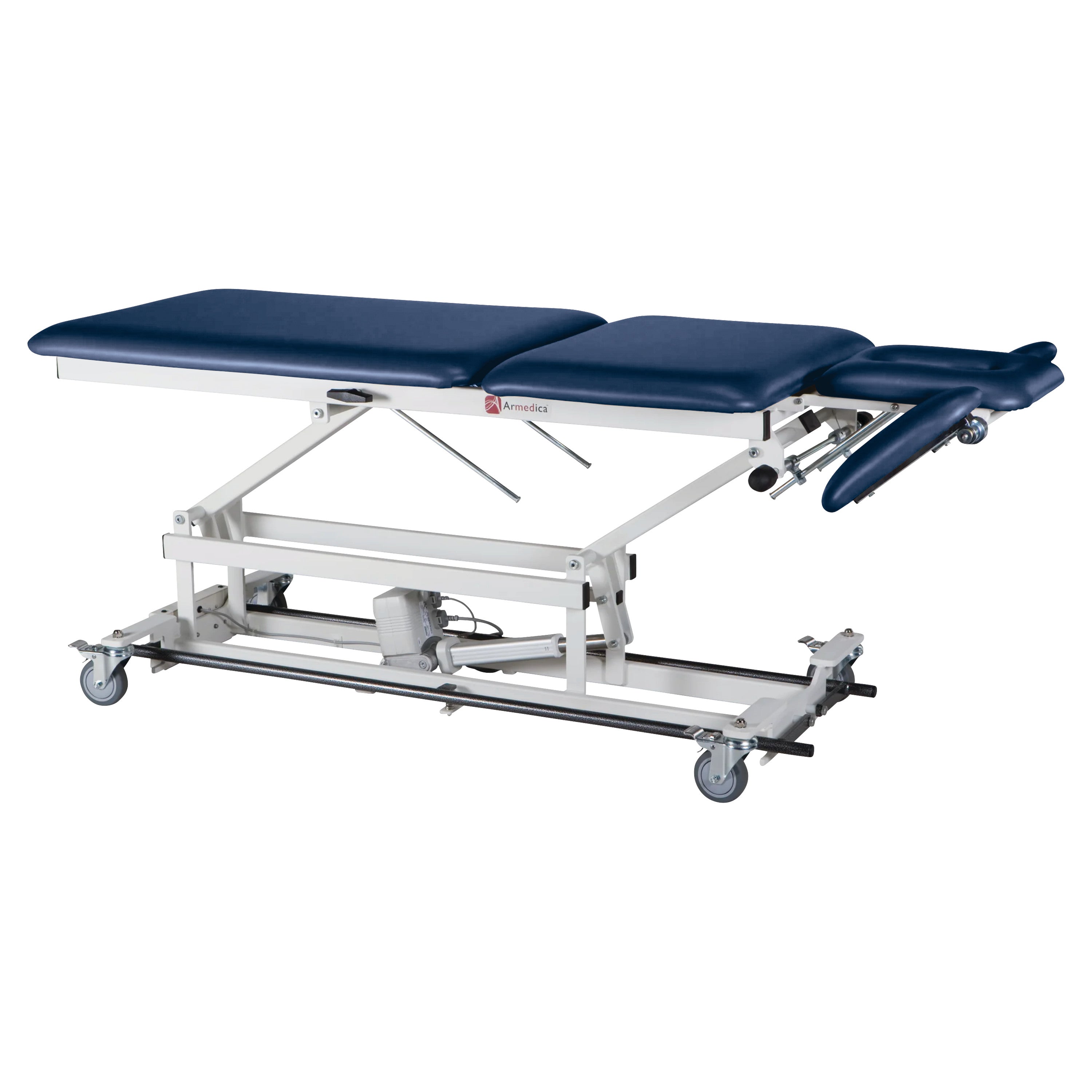 Armedica AM-BA550 Treatment Table, adjustable with a blue cushioned surface and caster wheels for mobility.