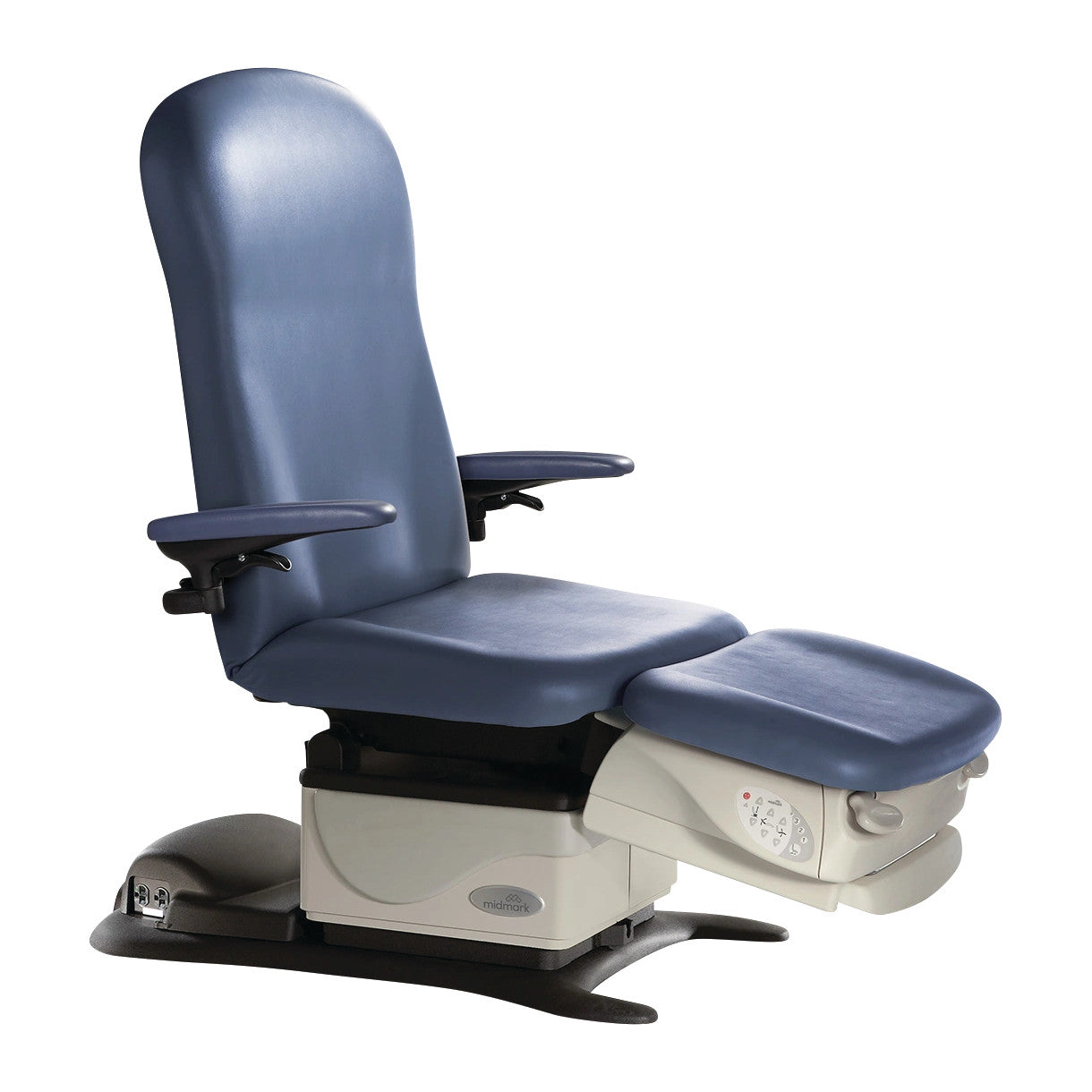 The Midmark Programmable Podiatry Procedure Chair, Model 647, features a blue cushioned seat with armrests and an adjustable footrest.
