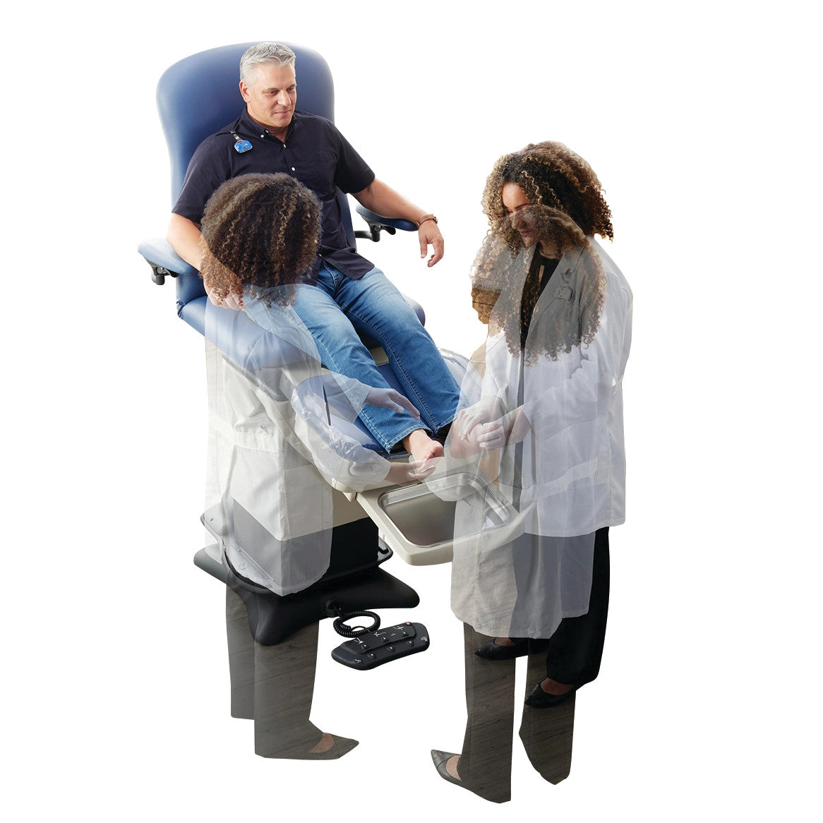 A patient sits on a Midmark Programmable Podiatry Procedure Chair, Model 647, with a doctor examining the patient's foot.
