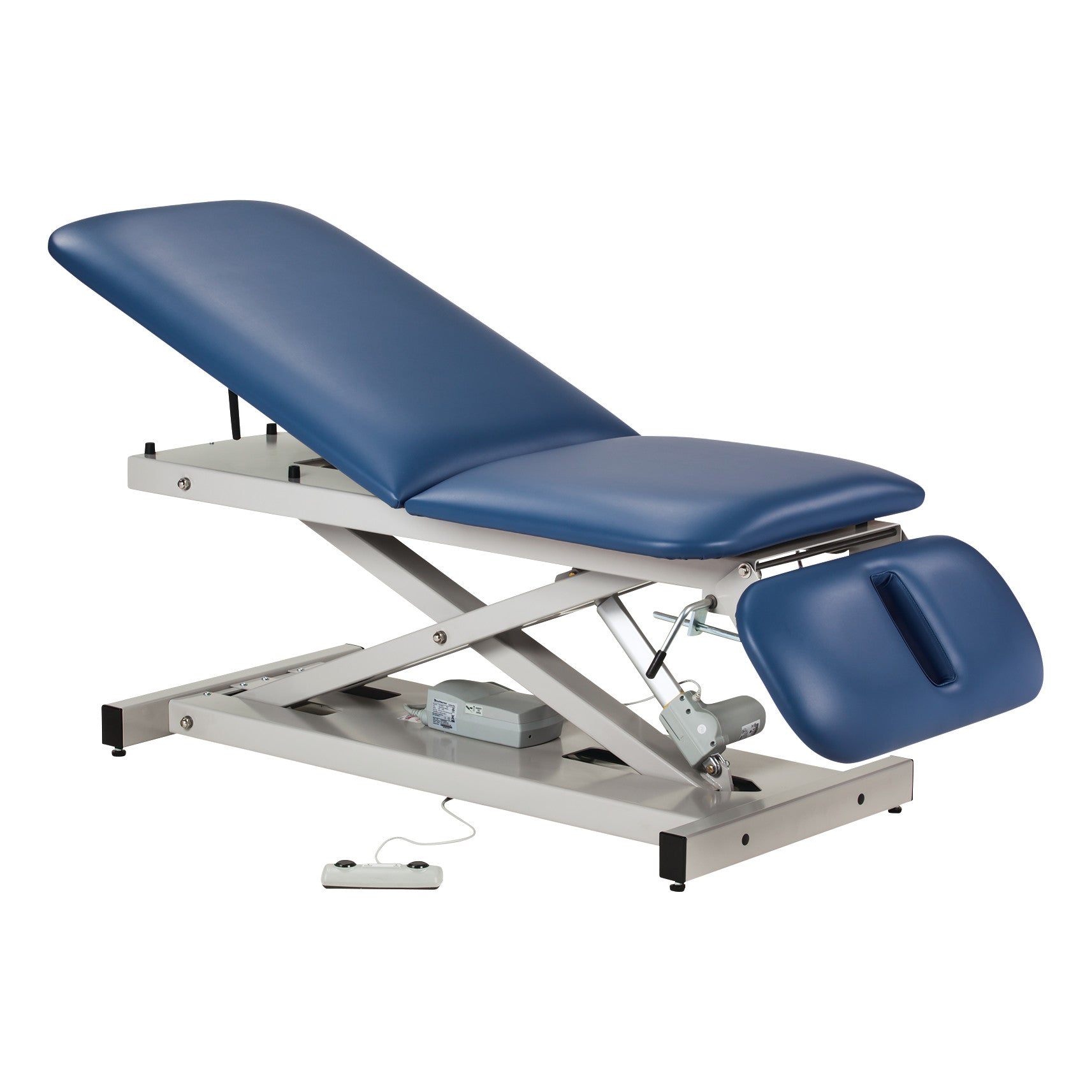 Clinton Power 500 Open Base Table with blue upholstery, adjustable sections, and a foot pedal for height control.