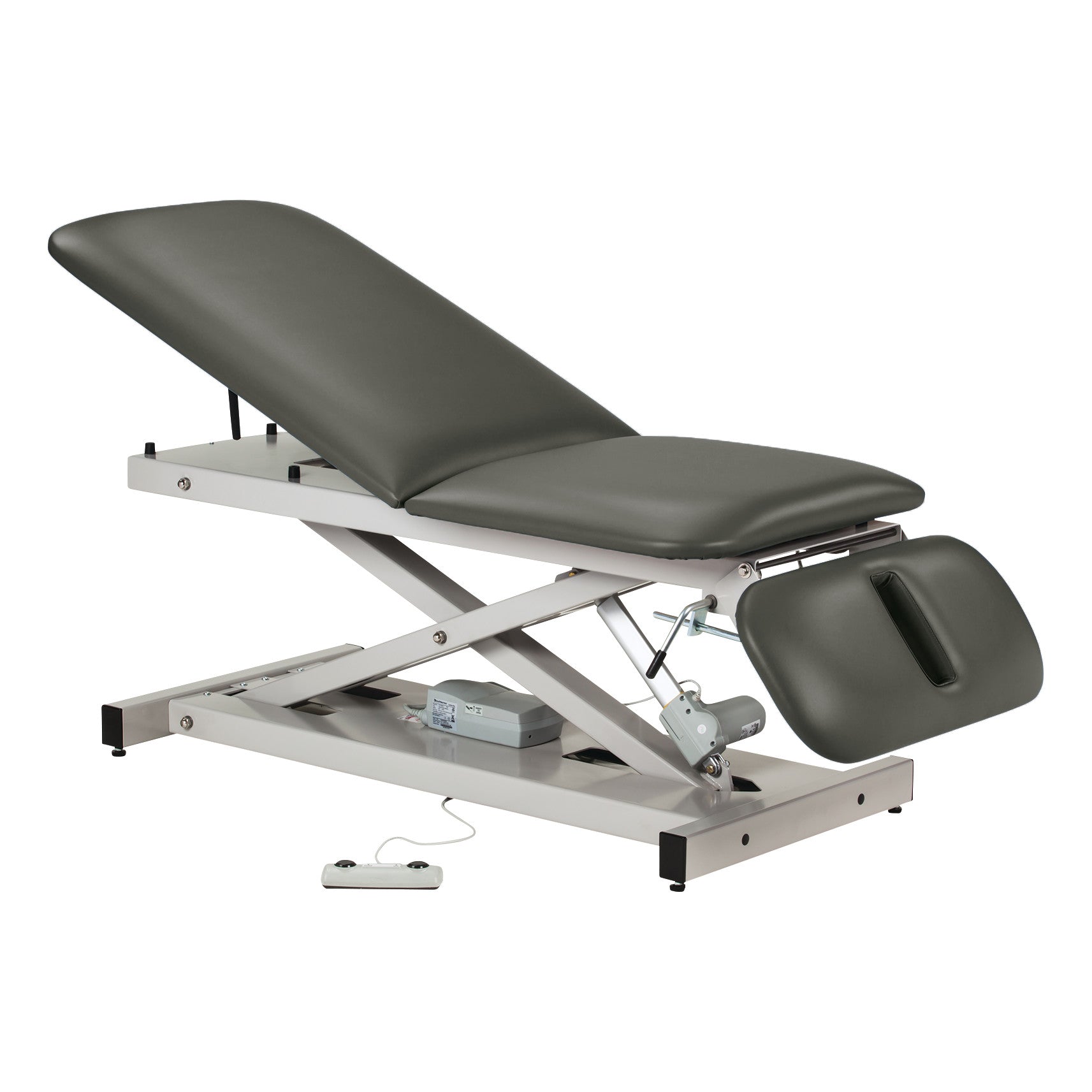 Clinton Power 500 Open Base Table features adjustable positions with a padded surface and a control remote for height adjustments.