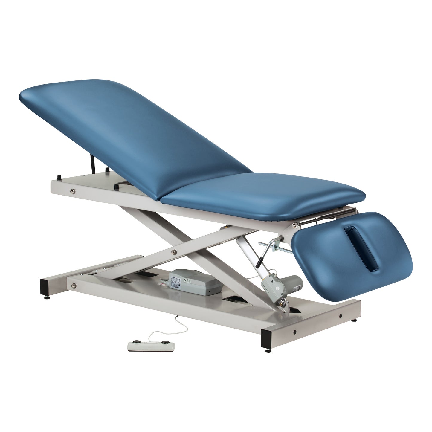The Clinton Power 500 Open Base Table features blue cushioning, adjustable sections, and an electric height system with remote control.