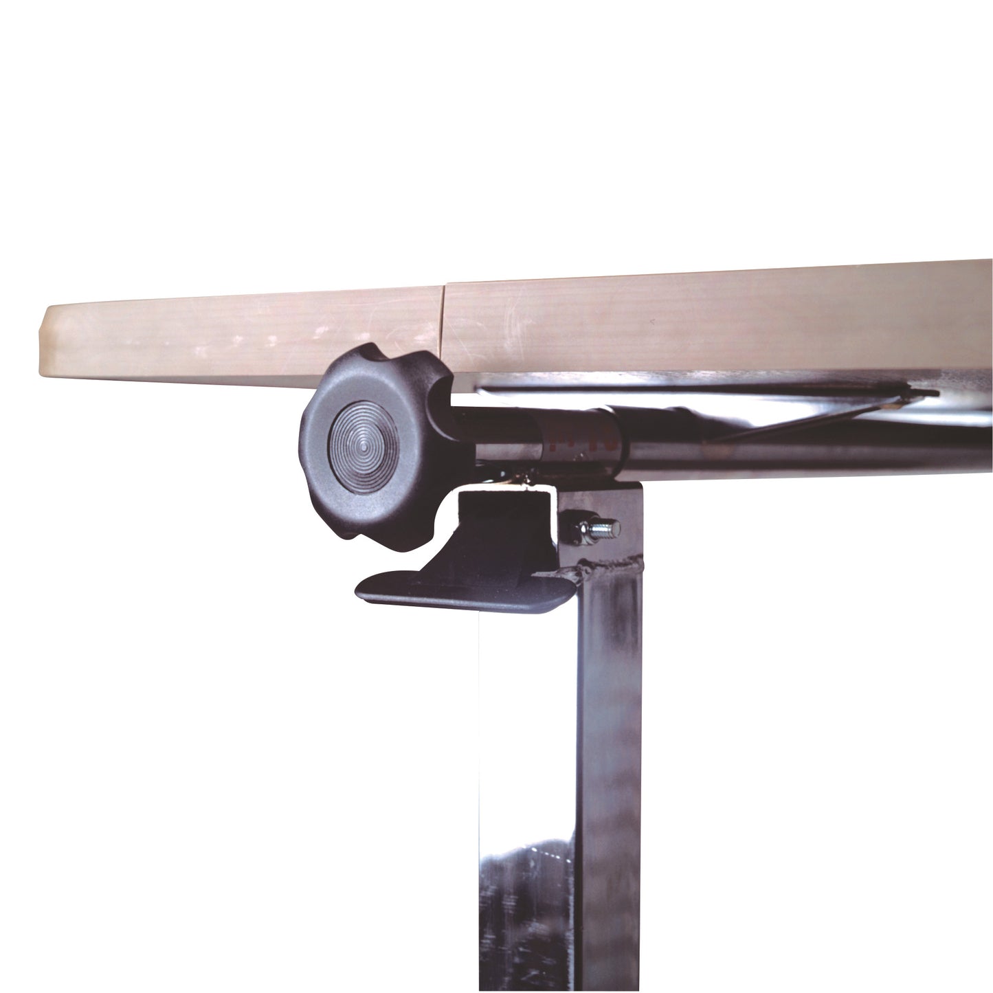 Close-up of the Drive Medical Tilt-Top Overbed Table showing the adjustment mechanism and tilt lever under the wooden tabletop.