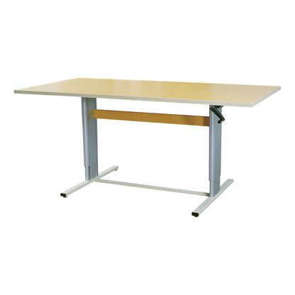 The AliMed Adjustable Group Therapy Table features a light wood surface, metal frame, and manual crank for height adjustment.