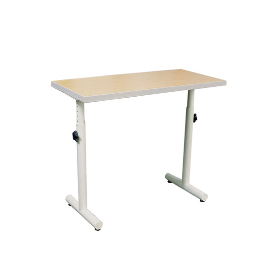 The AliMed Adjustable Hand Therapy Table features a light wood tabletop and white adjustable legs with tension knobs.