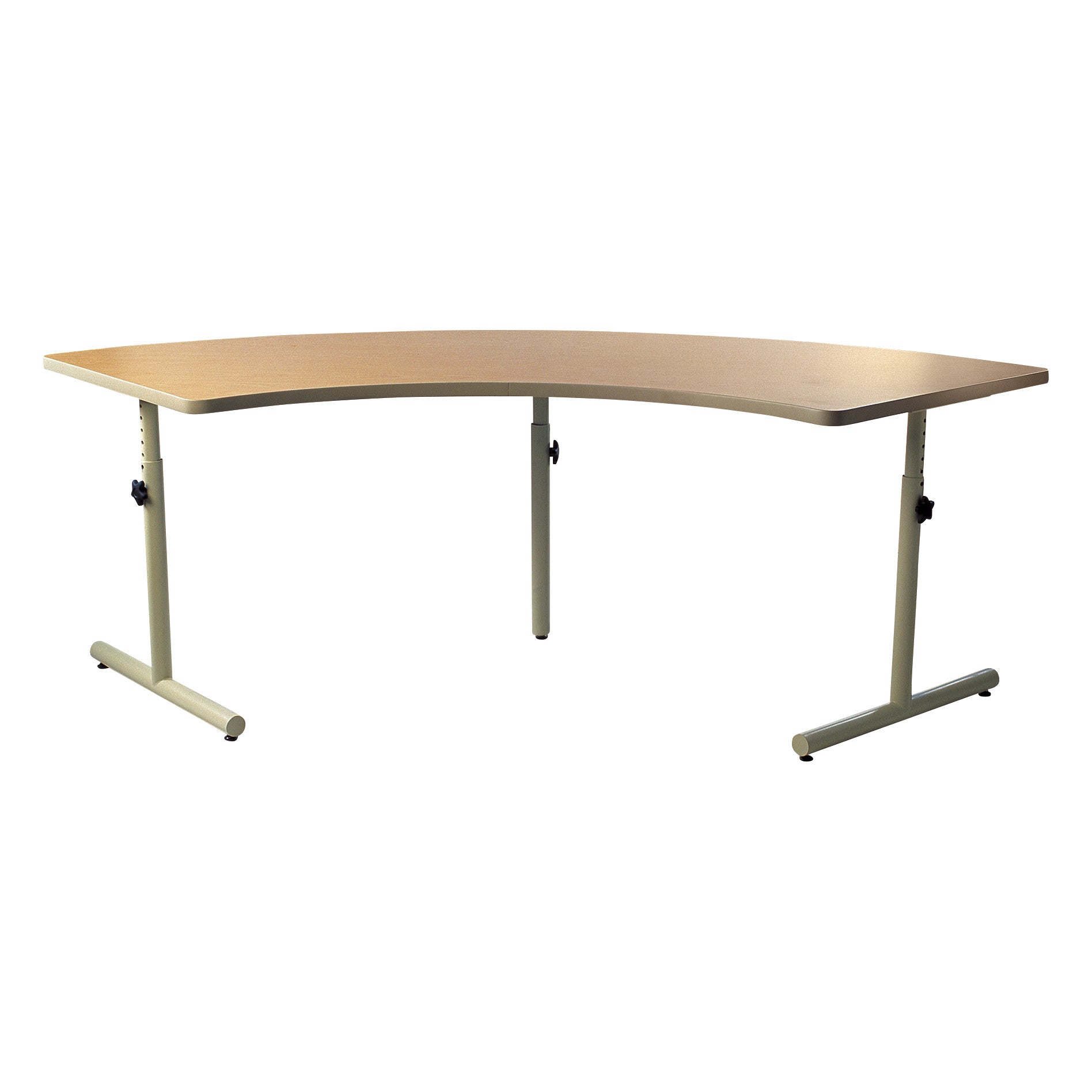 The AliMed Adjustable Therashape Table features a curved wooden top and three adjustable metal legs for customizable height.