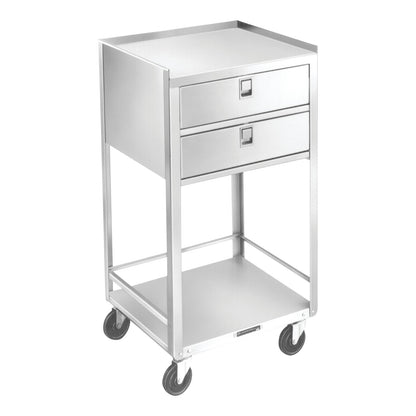 A Lakeside Stainless Steel Equipment Stand features two drawers, an open shelf, and four caster wheels for mobility.