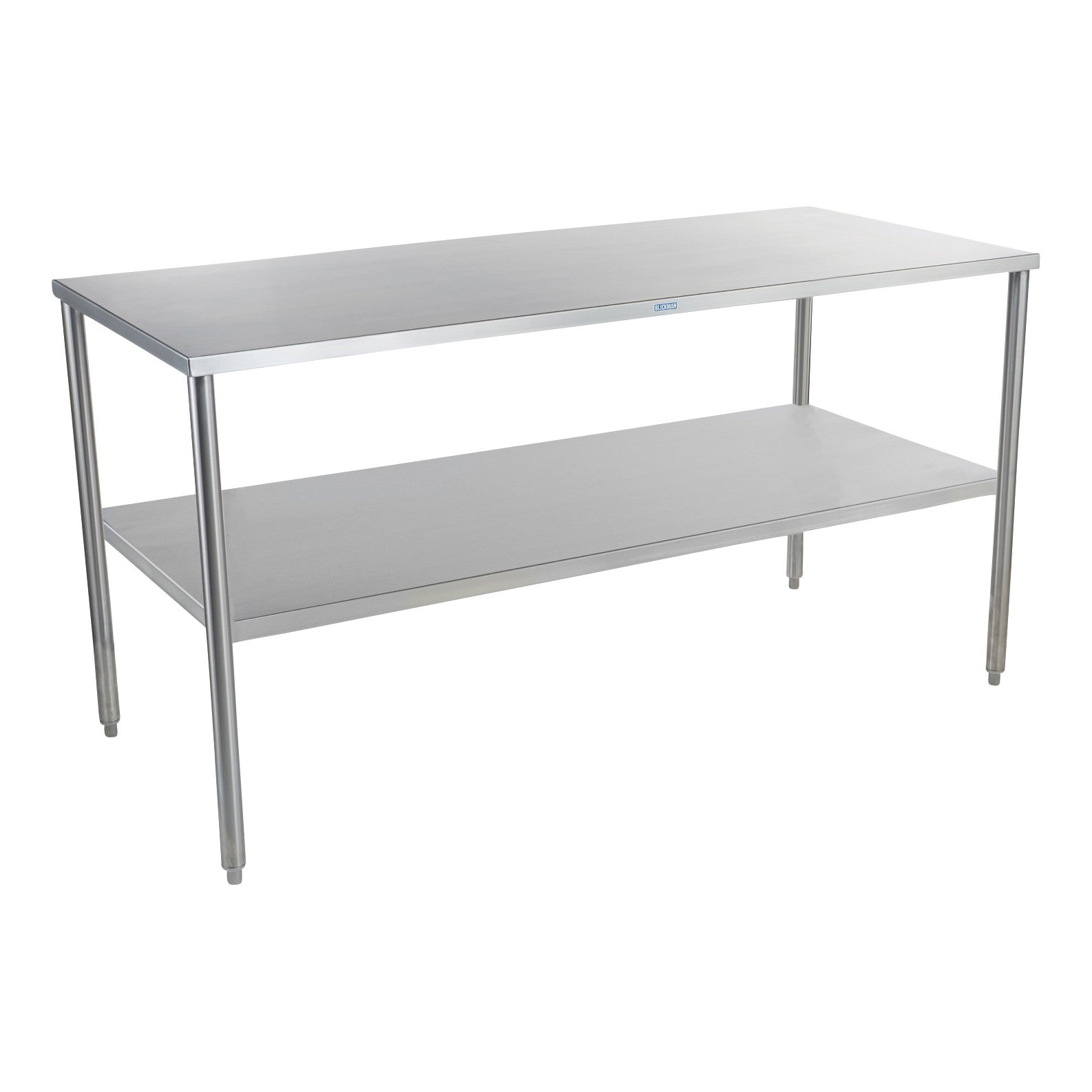 Stainless steel Blickman Work Table with Shelf, featuring a smooth tabletop and a lower shelf for storage.