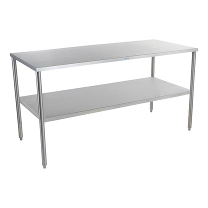 Stainless steel Blickman Work Table with Shelf, featuring a smooth tabletop and a lower shelf for storage.