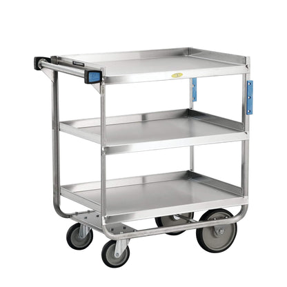 The Lakeside Heavy Duty Stainless Steel Utility Cart has three shelves and sturdy wheels for easy mobility and durability.