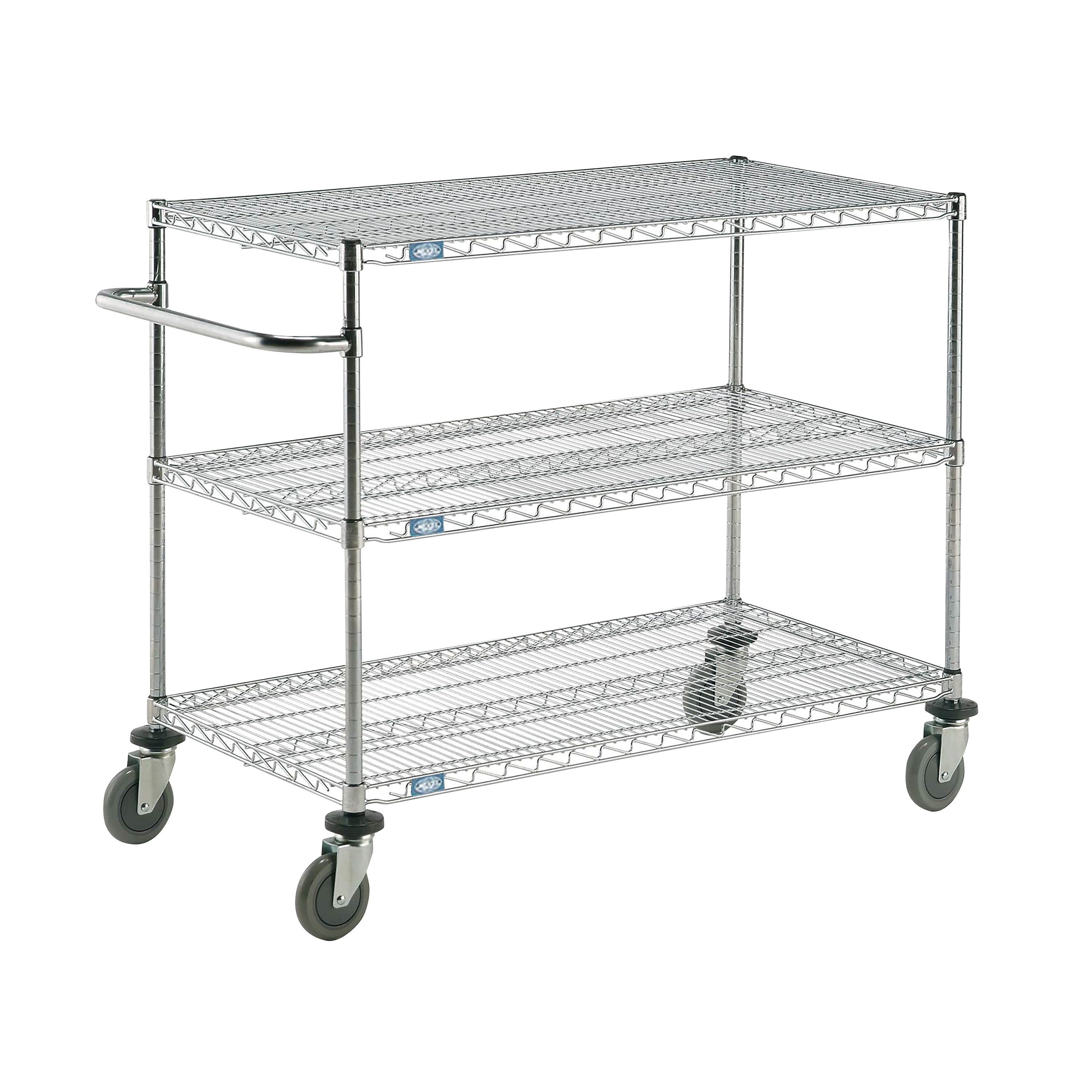 Nexel Adjustable 3-Shelf Utility Cart with wire shelves, a handle, and four caster wheels, shown on a white background.