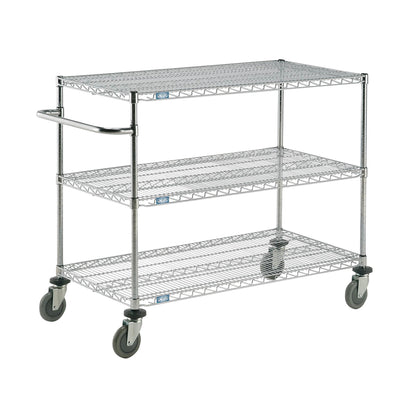 Nexel Adjustable 3-Shelf Utility Cart with wire shelves, a handle, and four caster wheels, shown on a white background.